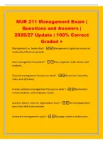 NUR 211 Management Exam &vert;&NewLine;Questions and Answers &vert;&NewLine;2026&sol;27 Update &vert; 100&percnt; Correct&NewLine;Graded &plus;&NewLine;Management vs&period; leadership&quest; -Management organizes resources&NewLine;leadership influences people&period;&NewLine;Core management functions&quest; -Plan&comma; organize&comma; staff&comma; direct&comma; and&NewLine;evaluat