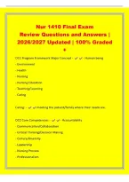 Nur 1410 Final Exam&NewLine;Review Questions and Answers &vert;&NewLine;2026&sol;2027 Updated &vert; 100&percnt; Graded&NewLine;&plus;&NewLine;OCC Program Framework Major Concept - - Human being&NewLine;- Environment&NewLine;- Health&NewLine;- Nursing&NewLine;- Nursing Education&NewLine;- Teaching&sol;Learning