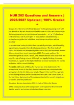 NUR 202 Questions and Answers &vert;&NewLine;2026&sol;2027 Updated &vert; 100&percnt; Graded&NewLine;&plus;&NewLine;Discuss the relevance of ethical decision-making being congruent with&NewLine;the American Nurses Association &lpar;ANA&rpar; Code of Ethics and Interpretive&NewLine;Statements and current professional standard