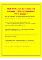 NUR final exam Questions and&NewLine;Answers &vert; 2026&sol;2027 Updated &vert;&NewLine;100&percnt; Graded &plus;&NewLine;Most RNs work in what kind of environment &lpar;where most patients&NewLine;receive impatient care&rpar; - Large acute care enviroments&NewLine;General bedside RN role &lpar;not an advanced practice role&rpar; -&NewLine;