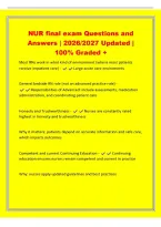 NUR final exam Questions and&NewLine;Answers &vert; 2026&sol;2027 Updated &vert;&NewLine;100&percnt; Graded &plus;&NewLine;Most RNs work in what kind of environment &lpar;where most patients&NewLine;receive impatient care&rpar; - Large acute care enviroments&NewLine;General bedside RN role &lpar;not an advanced practice role&rpar; -&NewLine;