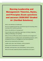 Nursing Leadership and&NewLine;Management&colon; Theories&comma; Styles&comma;&NewLine;and Principles Exam questions&NewLine;and answers 2026&sol;2027 Graded&NewLine;A&plus; &lpar;Verified Solutions&rpar;