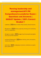 Nursing leadership and&NewLine;management&sol;ATI PN&NewLine;Comprehensive predictor Exam &vert;&NewLine;Questions and Answers &vert;&NewLine;2026&sol;27 Update &vert; 100&percnt; Correct&NewLine;Graded &plus;&NewLine;Leadership -Ability to inspire others toward a desired outcome&period;&NewLine;Management -Planning&comma; organizing&comma; directing&comma; and 