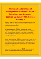 Nursing Leadership and&NewLine;Management&colon; Chapter 1 Exam &vert;&NewLine;Questions and Answers &vert;&NewLine;2026&sol;27 Update &vert; 100&percnt; Correct&NewLine;Graded &plus;&NewLine;Autocratic Leadership -This leadership style involves the leader&NewLine;making decisions and using power to command and control others&period;&NewLine;They