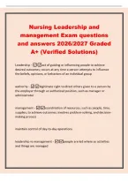 Nursing Leadership and&NewLine;management Exam questions&NewLine;and answers 2026&sol;2027 Graded&NewLine;A&plus; &lpar;Verified Solutions&rpar;&NewLine;Leadership -act of guiding or influencing people to achieve&NewLine;desired outcomes&semi; occurs at any time a person attempts to influence&NewLine;the beliefs&comma; opinio