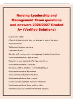 Nursing Leadership and&NewLine;Management Exam questions&NewLine;and answers 2026&sol;2027 Graded&NewLine;A&plus; &lpar;Verified Solutions&rpar;&NewLine;Laissez-faire leader&NewLine;Offers little direction and does not attempt to control the team&period;&NewLine;Autocratic leader&NewLine;Tightly controls team members&period;&NewLine;Democrati