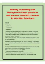 Nursing Leadership and&NewLine;Management Exam questions&NewLine;and answers 2026&sol;2027 Graded&NewLine;A&plus; &lpar;Verified Solutions&rpar;&NewLine;VOCAB&colon;&NewLine;&ast;Authority&colon;&NewLine;&ast;Productivity&colon;&NewLine;&ast;Resources&colon;&NewLine;&ast;Authority&colon; the legitimate right to direct others&comma; given to a person by&NewLine;the employer through an of