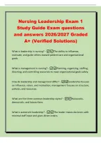 Nursing Leadership Exam 1&NewLine;Study Guide Exam questions&NewLine;and answers 2026&sol;2027 Graded&NewLine;A&plus; &lpar;Verified Solutions&rpar;&NewLine;What is leadership in nursing&quest; -The ability to influence&comma;&NewLine;motivate&comma; and guide others toward patient-care and organizational&NewLine;goals&period;&NewLine;What is man