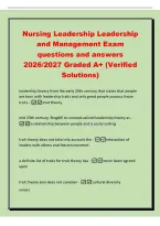 Nursing Leadership Leadership&NewLine;and Management Exam&NewLine;questions and answers&NewLine;2026&sol;2027 Graded A&plus; &lpar;Verified&NewLine;Solutions&rpar;