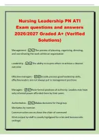 Nursing Leadership PN ATI&NewLine;Exam questions and answers&NewLine;2026&sol;2027 Graded A&plus; &lpar;Verified&NewLine;Solutions&rpar;&NewLine;Management -The process of planning&comma; organizing&comma; directing&comma;&NewLine;and coordinating the work within an organization&NewLine;Leadership -The ability to inspire others to a