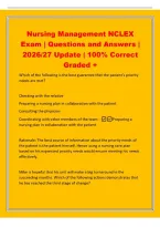 Nursing Management NCLEX&NewLine;Exam &vert; Questions and Answers &vert;&NewLine;2026&sol;27 Update &vert; 100&percnt; Correct&NewLine;Graded &plus;&NewLine;Which of the following is the best guarantee that the patient's priority&NewLine;needs are met&quest;&NewLine;Checking with the relative&NewLine;Preparing a nursing plan in col