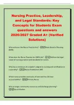 Nursing Practice&comma; Leadership&comma;&NewLine;and Legal Standards&colon; Key&NewLine;Concepts for Students Exam&NewLine;questions and answers&NewLine;2026&sol;2027 Graded A&plus; &lpar;Verified&NewLine;Solutions&rpar;&NewLine;Who enforces the Nurse Practice Act&quest; -State Board of Nursing&NewLine;&lpar;BON&rpar;