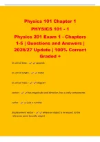Physics 101 Chapter 1&NewLine;PHYSICS 101 - 1&NewLine;Physics 201 Exam 1 - Chapters&NewLine;1-5 &vert; Questions and Answers &vert;&NewLine;2026&sol;27 Update &vert; 100&percnt; Correct&NewLine;Graded &plus;&NewLine;SI unit of time - seconds&NewLine;SI unit of length - meter&NewLine;