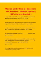 Physics Unit 3 Quiz 2 &vert; Questions&NewLine;and Answers &vert; 2026&sol;27 Update &vert;&NewLine;100&percnt; Correct Graded &plus;&NewLine;An object is dropped onto the moon &lpar;gm &equals; 5 ft&sol;s2&rpar;&period; How long does it&NewLine;take to fall from an elevation of 250 ft&period;&quest; - t&equals;10s&NewLine;An object weighs 60&period;0 kg on the surface of t