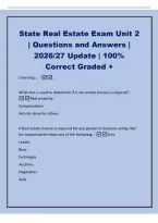 State Real Estate Exam Unit 2&NewLine;&vert; Questions and Answers &vert;&NewLine;2026&sol;27 Update &vert; 100&percnt;&NewLine;Correct Graded &plus;&NewLine;Licensing&period;&period;&period;&period; -&period;&period;&period;&NewLine;What test is used to determine if a real estate license is required&quest; -&NewLine;Real property&NewLine;Compensation&NewLine;Activity done for others