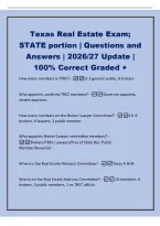 Texas Real Estate Exam&semi;&NewLine;STATE portion &vert; Questions and&NewLine;Answers &vert; 2026&sol;27 Update &vert;&NewLine;100&percnt; Correct Graded &plus;&NewLine;How many members in TREC&quest; -9&colon; 3 general public&comma; 6 brokers&NewLine;Who appoints&comma; confirms TREC members&quest; -Governor appoints&comma;&NewLine;senate approves&NewLine;How many membe