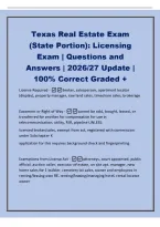 Texas Real Estate Exam&NewLine;&lpar;State Portion&rpar;&colon; Licensing&NewLine;Exam &vert; Questions and&NewLine;Answers &vert; 2026&sol;27 Update &vert;&NewLine;100&percnt; Correct Graded &plus;&NewLine;License Required - broker&comma; salesperson&comma; apartment locator&NewLine;&lpar;display&rpar;&comma; property manager&comma; raw land sales&comma; timeshare sales&comma; brokerage