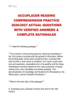 ACCUPLACER READING &NewLine;COMPREHENSION PRACTICE &NewLine;2026&sol;2027 ACTUAL QUESTIONS &NewLine;WITH VERIFIED ANSWERS & &NewLine;COMPLETE RATIONALES 