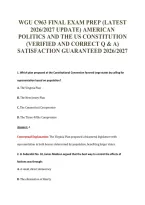 WGU C963 FINAL EXAM PREP &lpar;LATEST&NewLine;2026&sol;2027 UPDATE&rpar; AMERICAN&NewLine;POLITICS AND THE US CONSTITUTION&NewLine;&lpar;VERIFIED AND CORRECT Q & A&rpar;&NewLine;SATISFACTION GUARANTEED 2026&sol;2027
