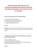 NORTH CAROLINA FIRE INSPECTOR LEVEL I &NewLine;CERTIFICATION EXAMINATION COMPLETE QUESTIONS &NewLine;AND DETAILED SOLUTIONS LATEST UPDATE THIS YEAR &NewLine;JUST RELEASED