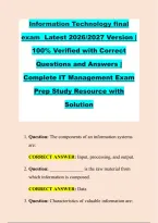Information Technology final &NewLine;exam  Latest 2026&sol;2027 Version &vert; &NewLine;100&percnt; Verified with Correct &NewLine;Questions and Answers &vert; &NewLine;Complete IT Management Exam &NewLine;Prep Study Resource with &NewLine;Solution 