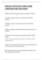 BIOLOGY 1201 EXAM 3 FINAL PAPER&NewLine;QUESTIONS AND SOLUTIONS&NewLine;