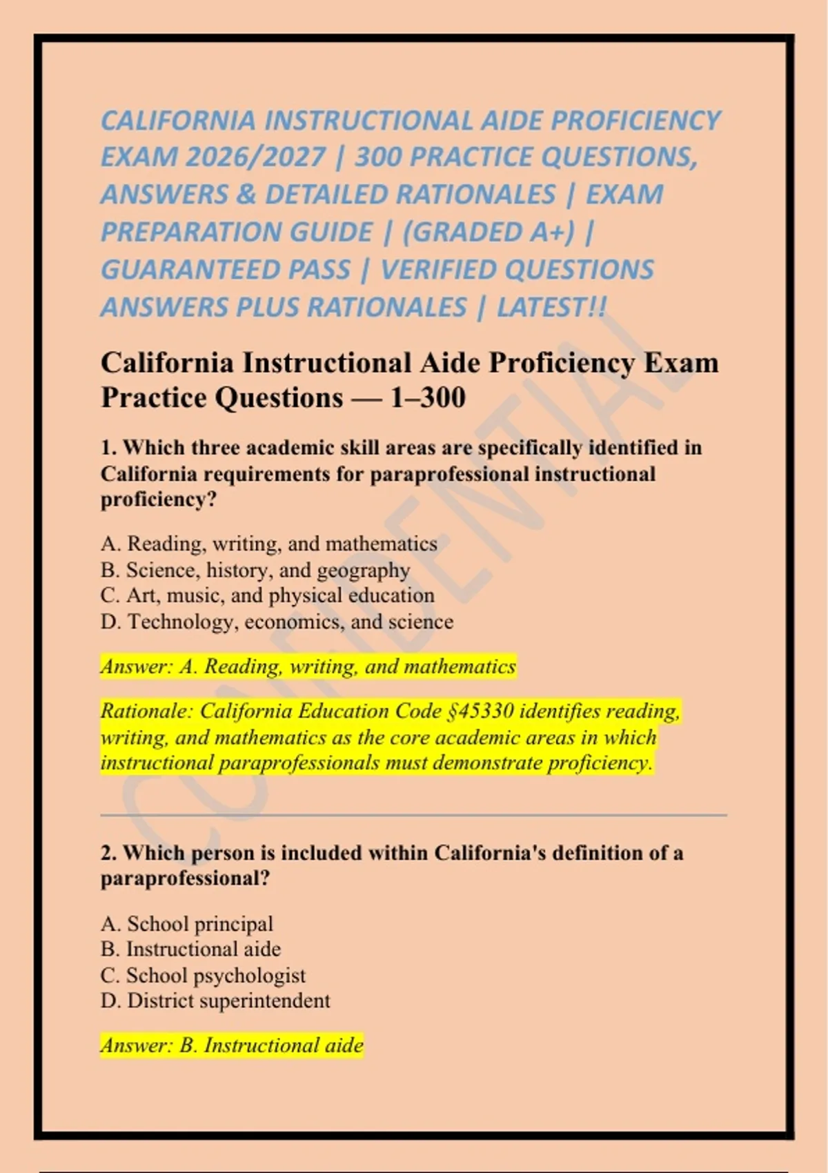Abcd Practise California Instructional Aide Proficiency Exam 2026/2027 | 300 Practice ...