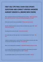 FIRST AID&sol; CPR FINAL EXAM 2026 UPDATE&NewLine;QUESTIONS AND CORRECT VERIFIED ANSWERS&NewLine;ALREADY GRADED A&plus; &lpar;BRAND NEW VISION&rpar;