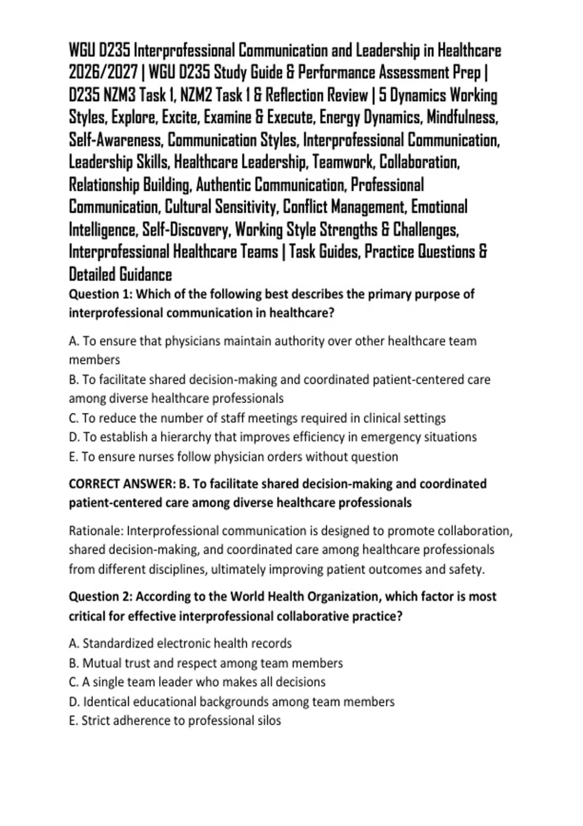 Reflective Task Students WGU D235 Interprofessional Communication and Leadership in Healthcare ...