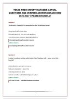 TEXAS FOOD SAFETY MANAGER &vert;ACTUAL QUESTIONS AND VERIFIED ANSWERS&vert;BRAND NEW 2026-2027 UPDATE&vert;GRADED A&plus;