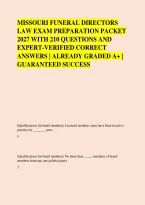MISSOURI FUNERAL DIRECTORS &NewLine;LAW EXAM PREPARATION PACKET &NewLine;2027 WITH 210 QUESTIONS AND &NewLine;EXPERT-VERIFIED CORRECT &NewLine;ANSWERS &vert; ALREADY GRADED A&plus; &vert; &NewLine;GUARANTEED SUCCESS 