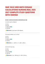 NUR 1022C MED MATH DOSAGE &NewLine;CALCULATIONS NURSING REAL 2026 &NewLine;2027 COMPLETE STUDY QUESTIONS &NewLine;WITH VERIFIED