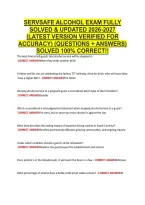 SERVSAFE ALCOHOL EXAM FULLY &NewLine;SOLVED & UPDATED 2026-2027 &NewLine;&lpar;LATEST VERSION VERIFIED FOR &NewLine;ACCURACY&rpar; &lpar;QUESTIONS &plus; ANSWERS&rpar; &NewLine;SOLVED 100&percnt; CORRECT&excl;&excl; 