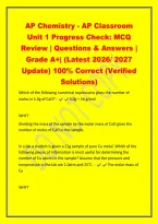 AP Chemistry - AP Classroom&NewLine;Unit 1 Progress Check&colon; MCQ&NewLine;Review &vert; Questions & Answers &vert;&NewLine;Grade A&plus;&vert; &lpar;Latest 2026&sol; 2027&NewLine;Update&rpar; 100&percnt; Correct &lpar;Verified&NewLine;Solutions&rpar;&NewLine;Which of the following numerical expressions gives the number of&NewLine;moles in 5&period;0g of CaO&quest; - 5&period;