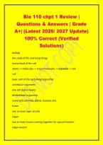 Bio 110 chpt 1 Review &vert;&NewLine;Questions & Answers &vert; Grade&NewLine;A&plus;&vert; &lpar;Latest 2026&sol; 2027 Update&rpar;&NewLine;100&percnt; Correct &lpar;Verified&NewLine;Solutions&rpar;&NewLine;biology&NewLine;the study of life and living things&NewLine;hierarchical of the cell&NewLine;atoms -> mo