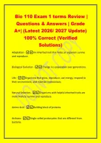 Bio 110 Exam 1 terms Review &vert;&NewLine;Questions & Answers &vert; Grade&NewLine;A&plus;&vert; &lpar;Latest 2026&sol; 2027 Update&rpar;&NewLine;100&percnt; Correct &lpar;Verified&NewLine;Solutions&rpar;&NewLine;Adaptation -An inherited trait that helps an organism survive&NewLine;and reproduce&period;&NewLine;Biological Evolution -Change in a population ove