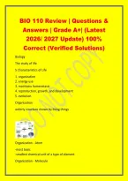 BIO 110 Review &vert; Questions &&NewLine;Answers &vert; Grade A&plus;&vert; &lpar;Latest&NewLine;2026&sol; 2027 Update&rpar; 100&percnt;&NewLine;Correct &lpar;Verified Solutions&rpar;&NewLine;Biology&NewLine;The study of life&NewLine;5 Characteristics of Life&NewLine;1&period; organization&NewLine;2&period; energy use&NewLine;3&period; maintains homeostasis&NewLine;4&period; reproduction&comma; growth&comma; and