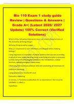 Bio 110 Exam 1 study guide&NewLine;Review &vert; Questions & Answers &vert;&NewLine;Grade A&plus;&vert; &lpar;Latest 2026&sol; 2027&NewLine;Update&rpar; 100&percnt; Correct &lpar;Verified&NewLine;Solutions&rpar;&NewLine;Which of the following statements does not reflect characteristics of&NewLine;life shared by all living things&quest;&NewLine;All living thin