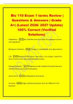 Bio 110 Exam 1 terms Review &vert;&NewLine;Questions & Answers &vert; Grade&NewLine;A&plus;&vert; &lpar;Latest 2026&sol; 2027 Update&rpar;&NewLine;100&percnt; Correct &lpar;Verified&NewLine;Solutions&rpar;&NewLine;Adaptation -An inherited trait that helps an organism survive&NewLine;and reproduce&period;&NewLine;Biological Evolution -Change in a population ove
