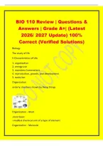 BIO 110 Review &vert; Questions &&NewLine;Answers &vert; Grade A&plus;&vert; &lpar;Latest&NewLine;2026&sol; 2027 Update&rpar; 100&percnt;&NewLine;Correct &lpar;Verified Solutions&rpar;&NewLine;Biology&NewLine;The study of life&NewLine;5 Characteristics of Life&NewLine;1&period; organization&NewLine;2&period; energy use&NewLine;3&period; maintains homeostasis&NewLine;4&period; reproduction&comma; growth&comma; and