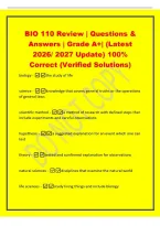BIO 110 Review &vert; Questions &&NewLine;Answers &vert; Grade A&plus;&vert; &lpar;Latest&NewLine;2026&sol; 2027 Update&rpar; 100&percnt;&NewLine;Correct &lpar;Verified Solutions&rpar;&NewLine;biology -the study of life&NewLine;science -knowledge that covers general truths or the operations&NewLine;of general laws&NewLine;scientific method - a method of