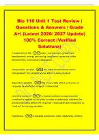 Bio 110 Unit 1 Test Review &vert;&NewLine;Questions & Answers &vert; Grade&NewLine;A&plus;&vert; &lpar;Latest 2026&sol; 2027 Update&rpar;&NewLine;100&percnt; Correct &lpar;Verified&NewLine;Solutions&rpar;&NewLine;7 properties of life -order&comma; reproduction&comma; growth and&NewLine;development&comma; energy processing&comma; regulation&comma; response to the&NewLine;environment&comma;