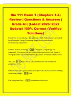 Bio 111 Exam 1 &lpar;Chapters 1-4&rpar;&NewLine;Review &vert; Questions & Answers &vert;&NewLine;Grade A&plus;&vert; &lpar;Latest 2026&sol; 2027&NewLine;Update&rpar; 100&percnt; Correct &lpar;Verified&NewLine;Solutions&rpar;&NewLine;Properties of living things -Order&comma; DNA&comma; Reproduction&comma; Growth &&NewLine;Development&comma; Energy Processing&comma; Regulation&sol;Homeostasi