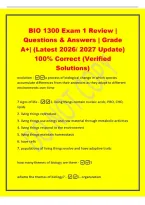 BIO 1300 Exam 1 Review &vert;&NewLine;Questions & Answers &vert; Grade&NewLine;A&plus;&vert; &lpar;Latest 2026&sol; 2027 Update&rpar;&NewLine;100&percnt; Correct &lpar;Verified&NewLine;Solutions&rpar;&NewLine;evolution -a process of biological change in which species&NewLine;accumulate differences from their ancestors as they adapt to different&NewLine;