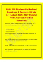 BIOL 110 Biodiversity Review &vert;&NewLine;Questions & Answers &vert; Grade&NewLine;A&plus;&vert; &lpar;Latest 2026&sol; 2027 Update&rpar;&NewLine;100&percnt; Correct &lpar;Verified&NewLine;Solutions&rpar;&NewLine;biodiversity -The tremendous variety of life on earth that is&NewLine;made possible by complex interactions among all living things&NewLine;