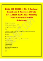 BIOL 110 EXAM 1&colon; Ch&period; 1 Review &vert;&NewLine;Questions & Answers &vert; Grade&NewLine;A&plus;&vert; &lpar;Latest 2026&sol; 2027 Update&rpar;&NewLine;100&percnt; Correct &lpar;Verified&NewLine;Solutions&rpar;&NewLine;Biology is the study of&NewLine;living things&comma; the science of life&NewLine;Living things are diverse&period; True&sol;False&quest;&NewLine;True&NewLine;There are enough s