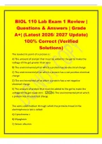 BIOL 110 Lab Exam 1 Review &vert;&NewLine;Questions & Answers &vert; Grade&NewLine;A&plus;&vert; &lpar;Latest 2026&sol; 2027 Update&rpar;&NewLine;100&percnt; Correct &lpar;Verified&NewLine;Solutions&rpar;&NewLine;The isoelectric point of a protein is&colon;&NewLine;A&rpar; The amount of protein that must be added to the gel to make the&NewLine;voltage of the gel g