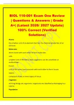 BIOL 110-001 Exam One Review&NewLine;&vert; Questions & Answers &vert; Grade&NewLine;A&plus;&vert; &lpar;Latest 2026&sol; 2027 Update&rpar;&NewLine;100&percnt; Correct &lpar;Verified&NewLine;Solutions&rpar;&NewLine;Atoms&NewLine;the smallest unit of an element that has the chemical properties of an&NewLine;element&NewLine;Molecules&NewLine;atoms bond with each other 