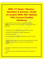BIOL 111 Exam 1 Review &vert;&NewLine;Questions & Answers &vert; Grade&NewLine;A&plus;&vert; &lpar;Latest 2026&sol; 2027 Update&rpar;&NewLine;100&percnt; Correct &lpar;Verified&NewLine;Solutions&rpar;&NewLine;A mechanism for evolution that was supported by evidence&period; -&NewLine;Charles Darwin was the first person to propose which of the&NewLine;following&quest;