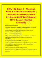 BIOL 120 Exam 1 &ndash; Microbial&NewLine;World & Cell Structure Review &vert;&NewLine;Questions & Answers &vert; Grade&NewLine;A&plus;&vert; &lpar;Latest 2026&sol; 2027 Update&rpar;&NewLine;100&percnt; Correct &lpar;Verified&NewLine;Solutions&rpar;&NewLine;Why is microbiology studied&quest;&NewLine;1&period; Microbes are excellent models for understanding basic life&sol;cell